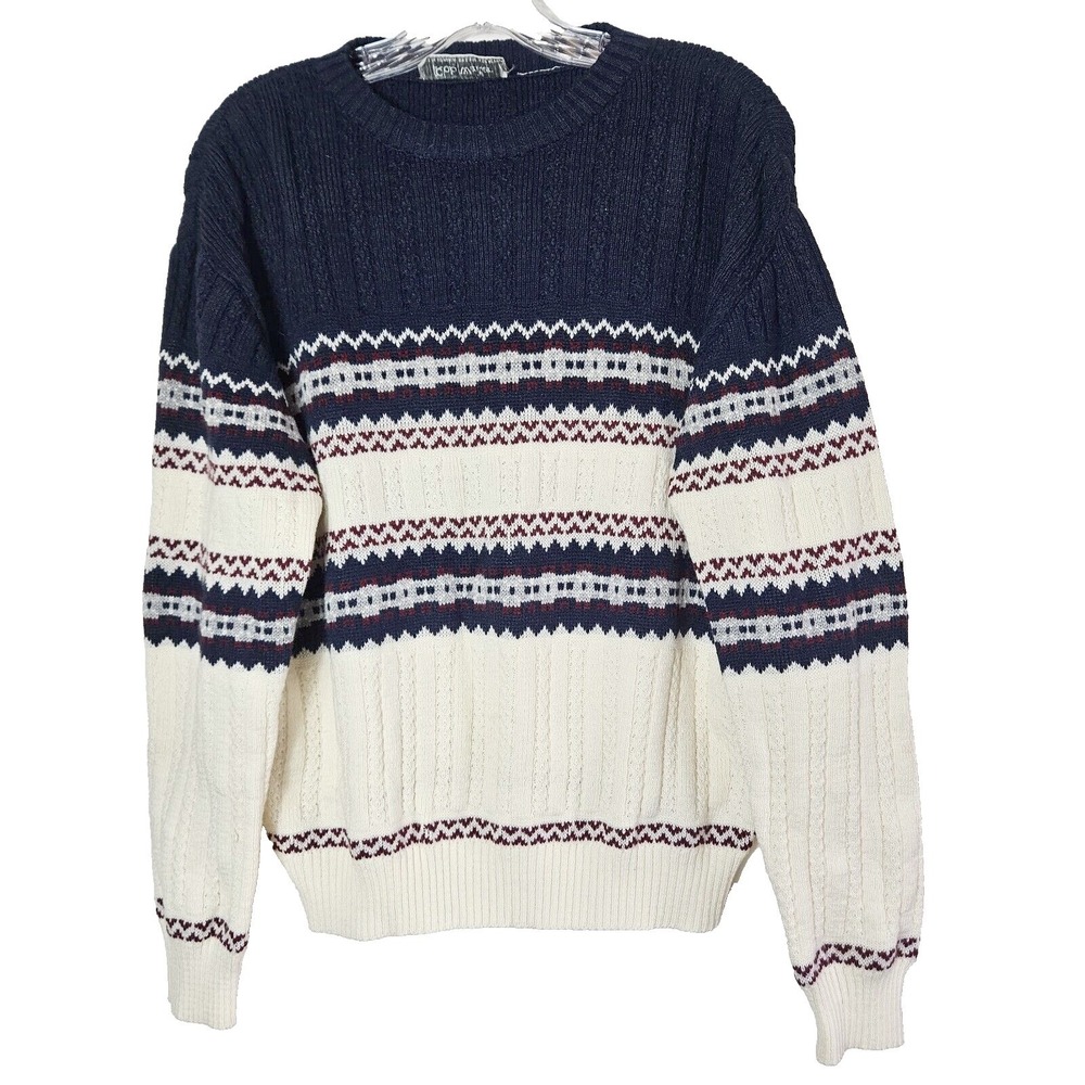 Rob Winter Navy White Fair Isle Cable Knit Sweater XL Vintage Grandpa Core Retro